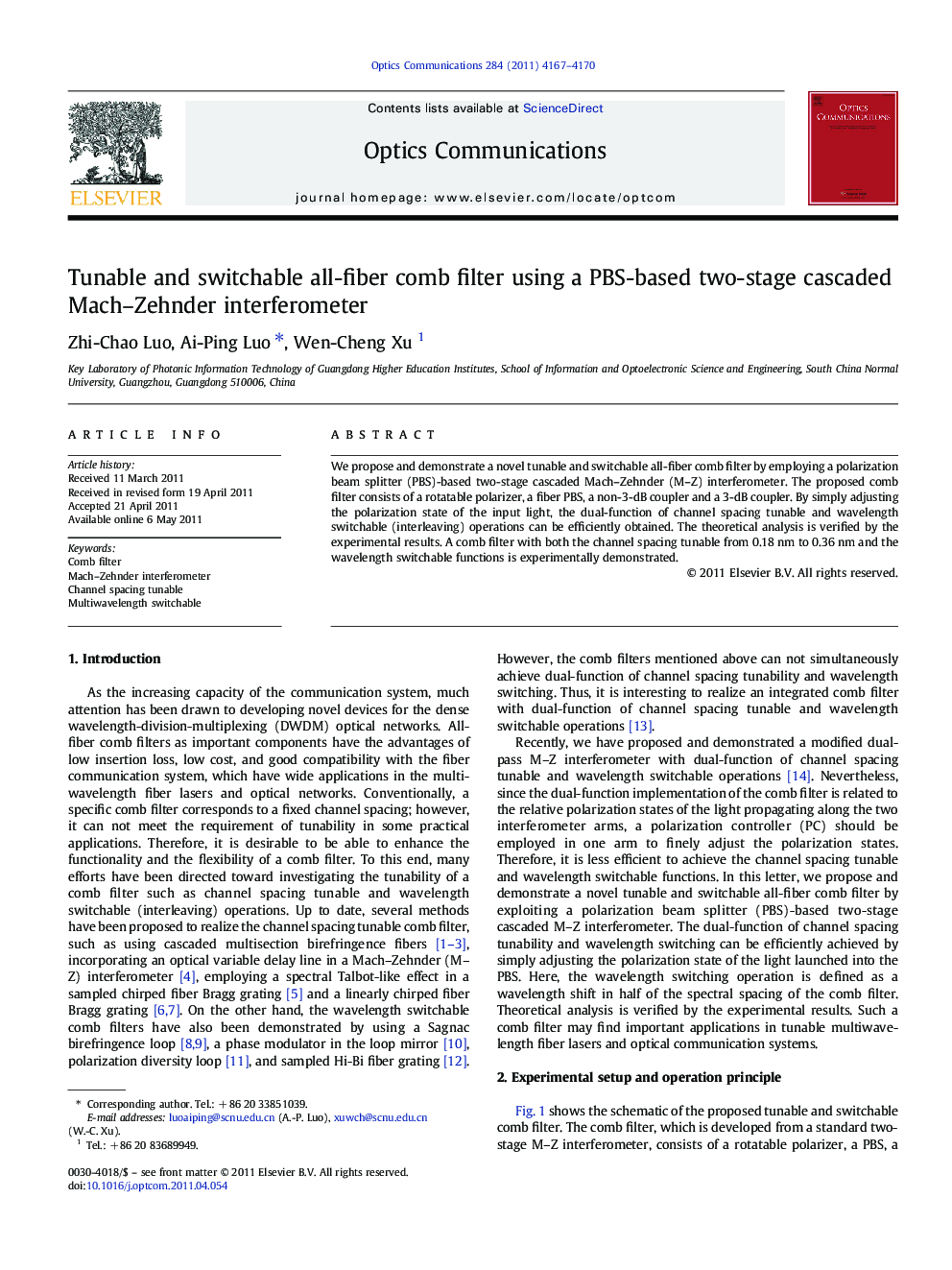 Tunable and switchable all-fiber comb filter using a PBS-based two-stage cascaded Mach–Zehnder interferometer