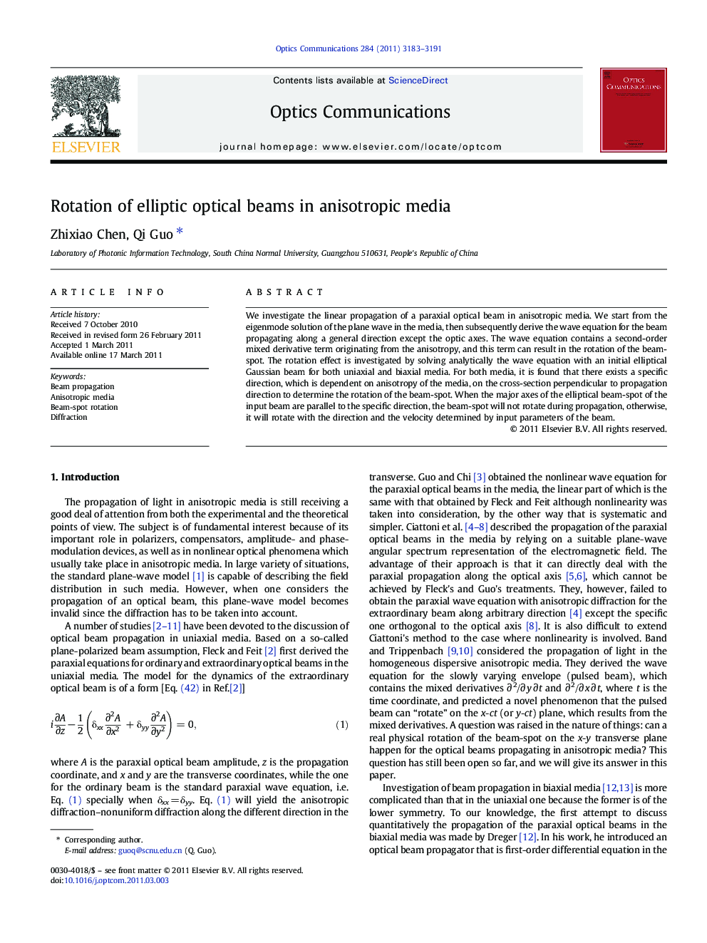 Rotation of elliptic optical beams in anisotropic media