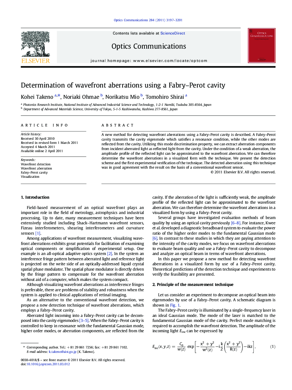 Determination of wavefront aberrations using a Fabry–Perot cavity