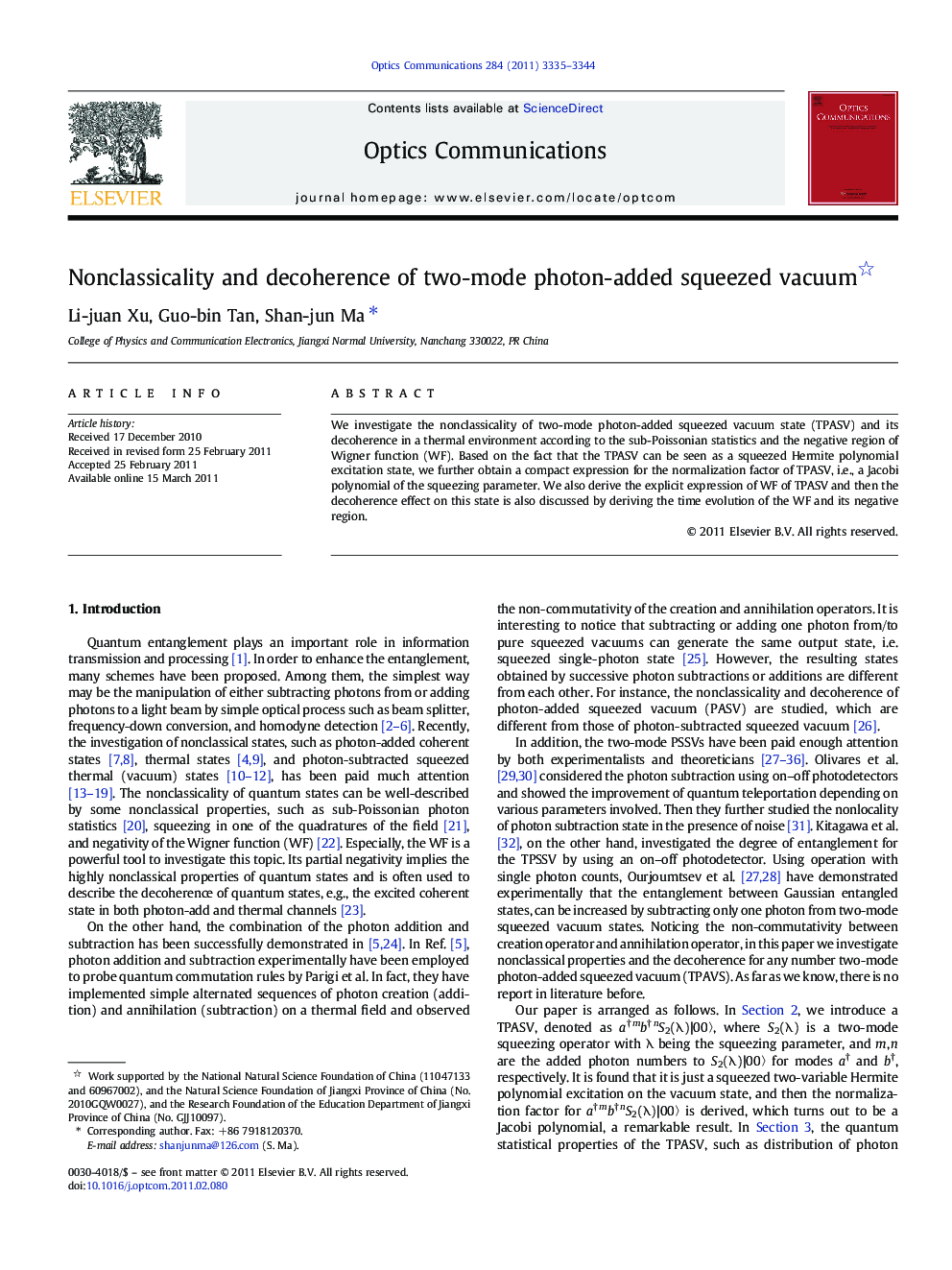 عکس صفحه اول مقاله: Nonclassicality and decoherence of two-mode photon-added squeezed vacuum Nonclassicality and decoherence of two-mode photon-added squeezed vacuum