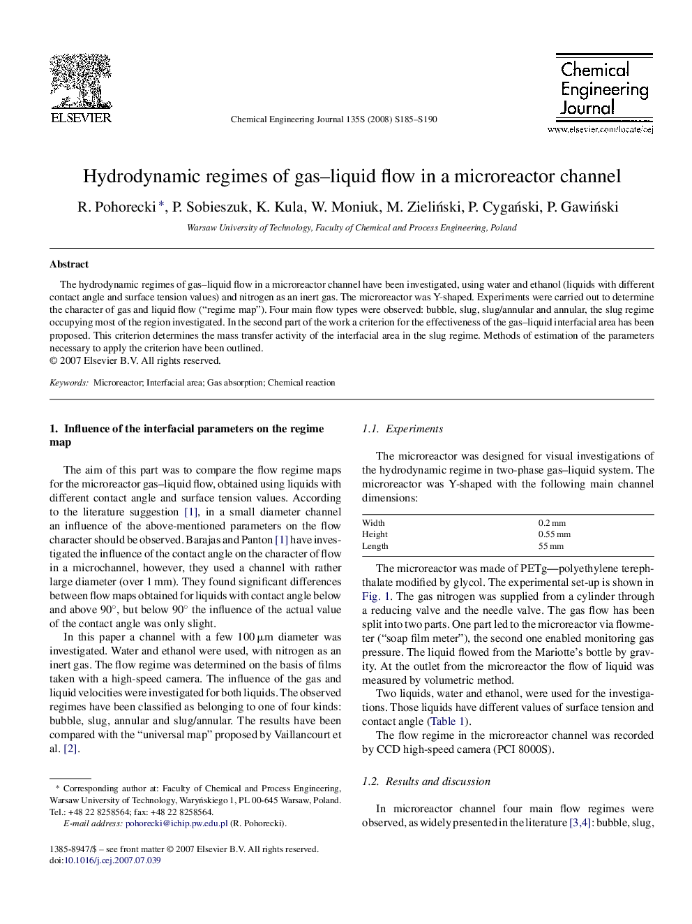 Hydrodynamic regimes of gas–liquid flow in a microreactor channel