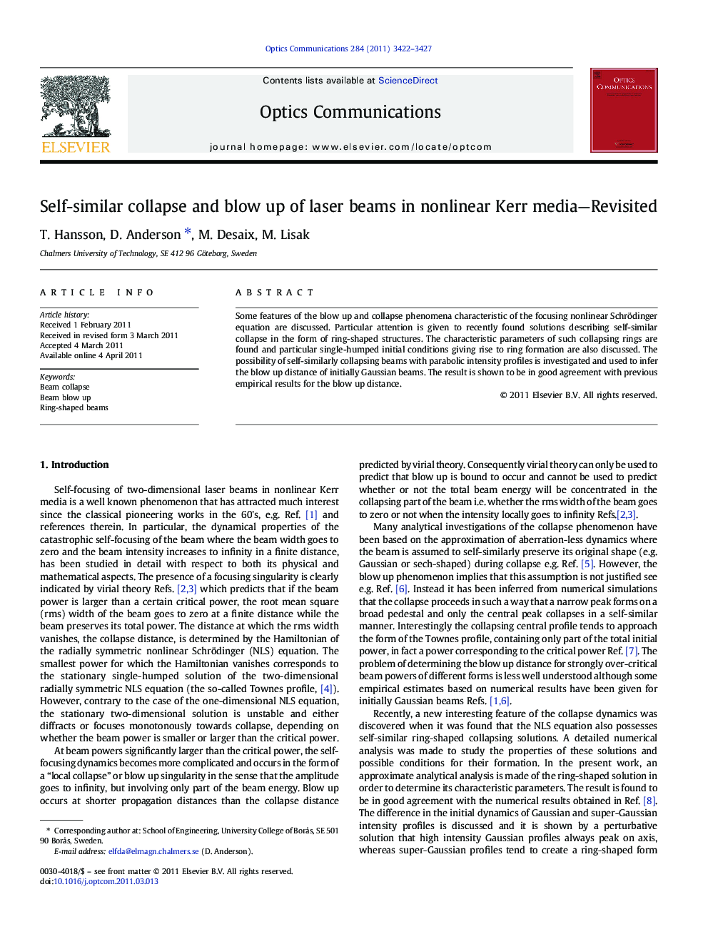عکس صفحه اول مقاله: Self-similar collapse and blow up of laser beams in nonlinear Kerr media-Revisited Self-similar collapse and blow up of laser beams in nonlinear Kerr media-Revisited