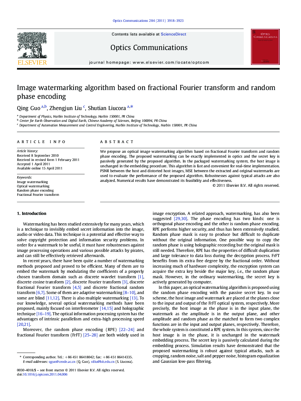 Image watermarking algorithm based on fractional Fourier transform and random phase encoding