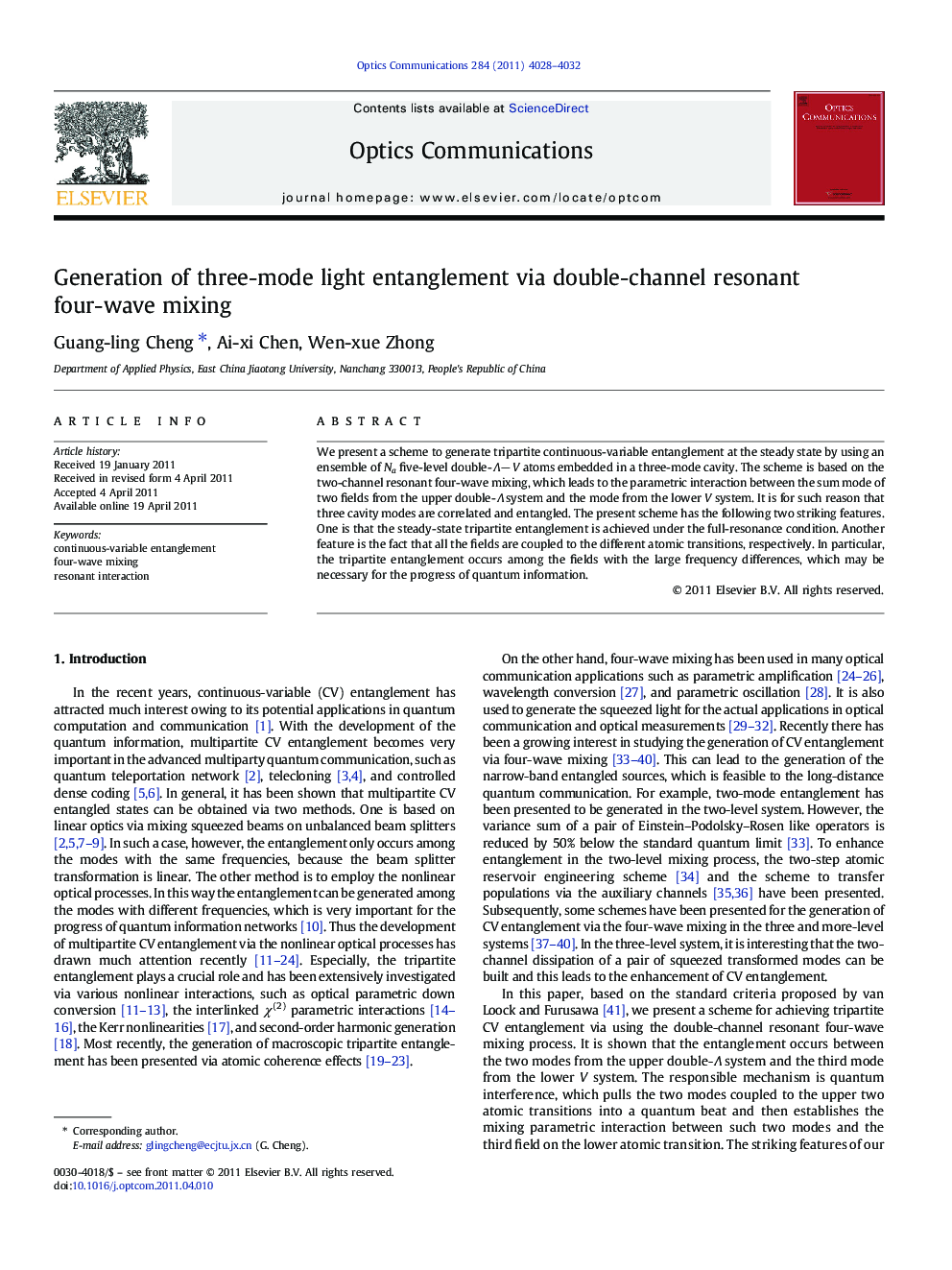 Generation of three-mode light entanglement via double-channel resonant four-wave mixing