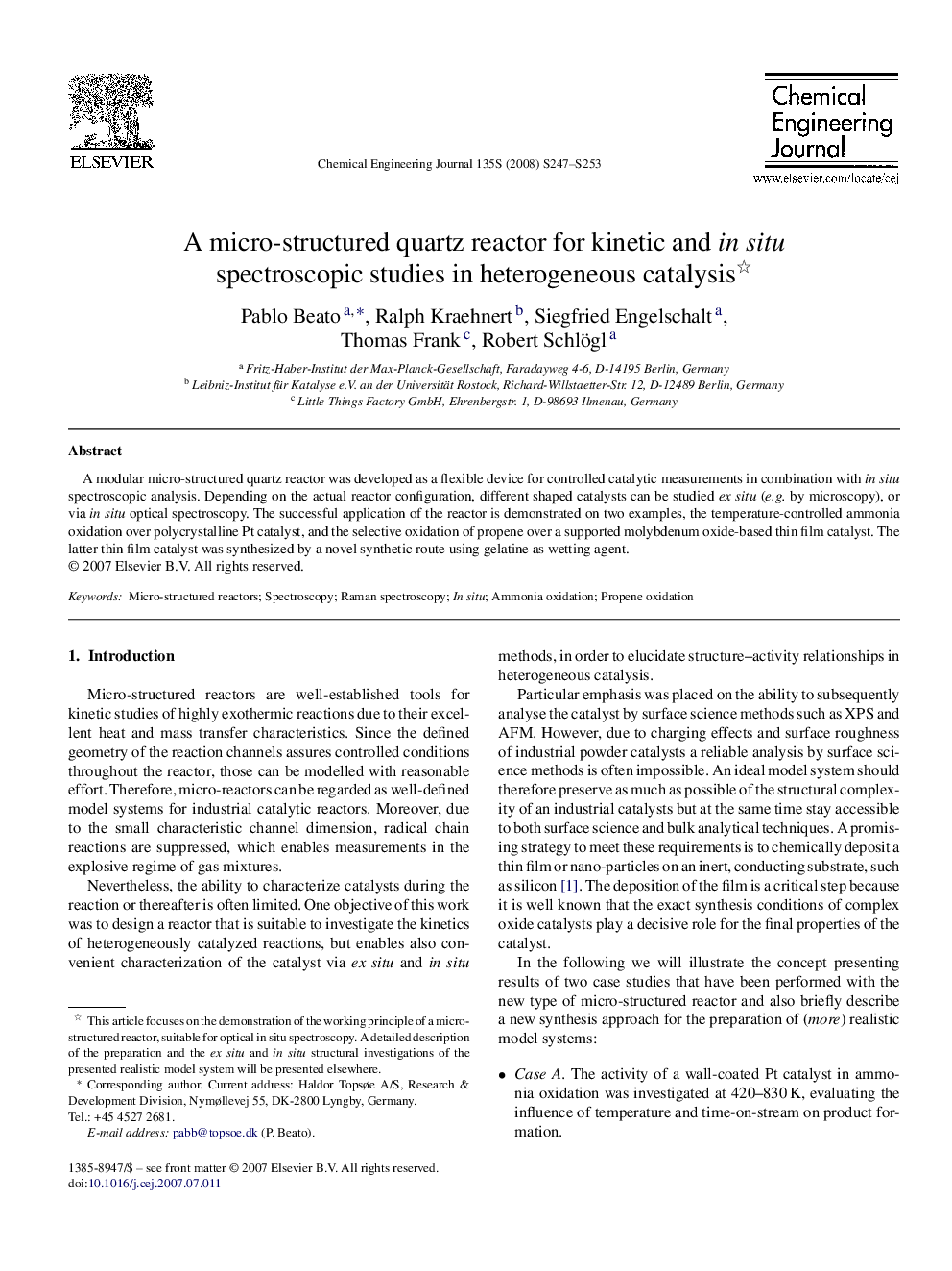 A micro-structured quartz reactor for kinetic and in situ spectroscopic studies in heterogeneous catalysis 