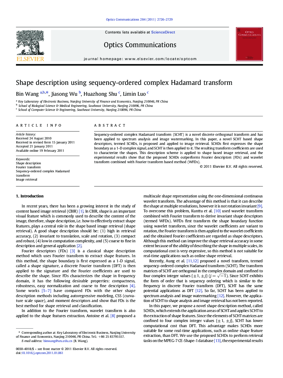 Shape description using sequency-ordered complex Hadamard transform