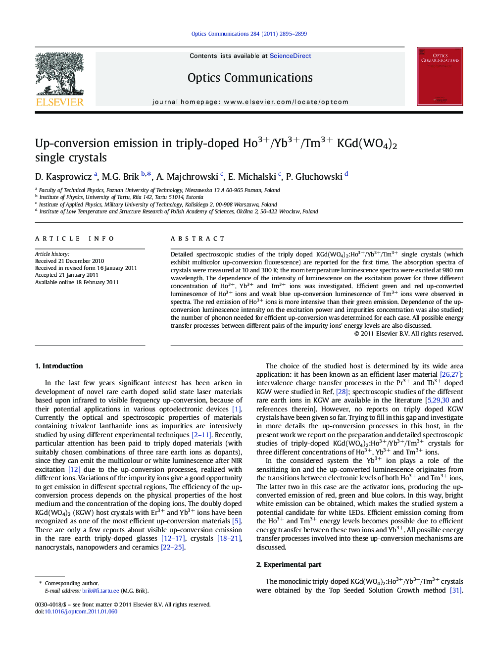 Up-conversion emission in triply-doped Ho3+/Yb3+/Tm3+ KGd(WO4)2 single crystals