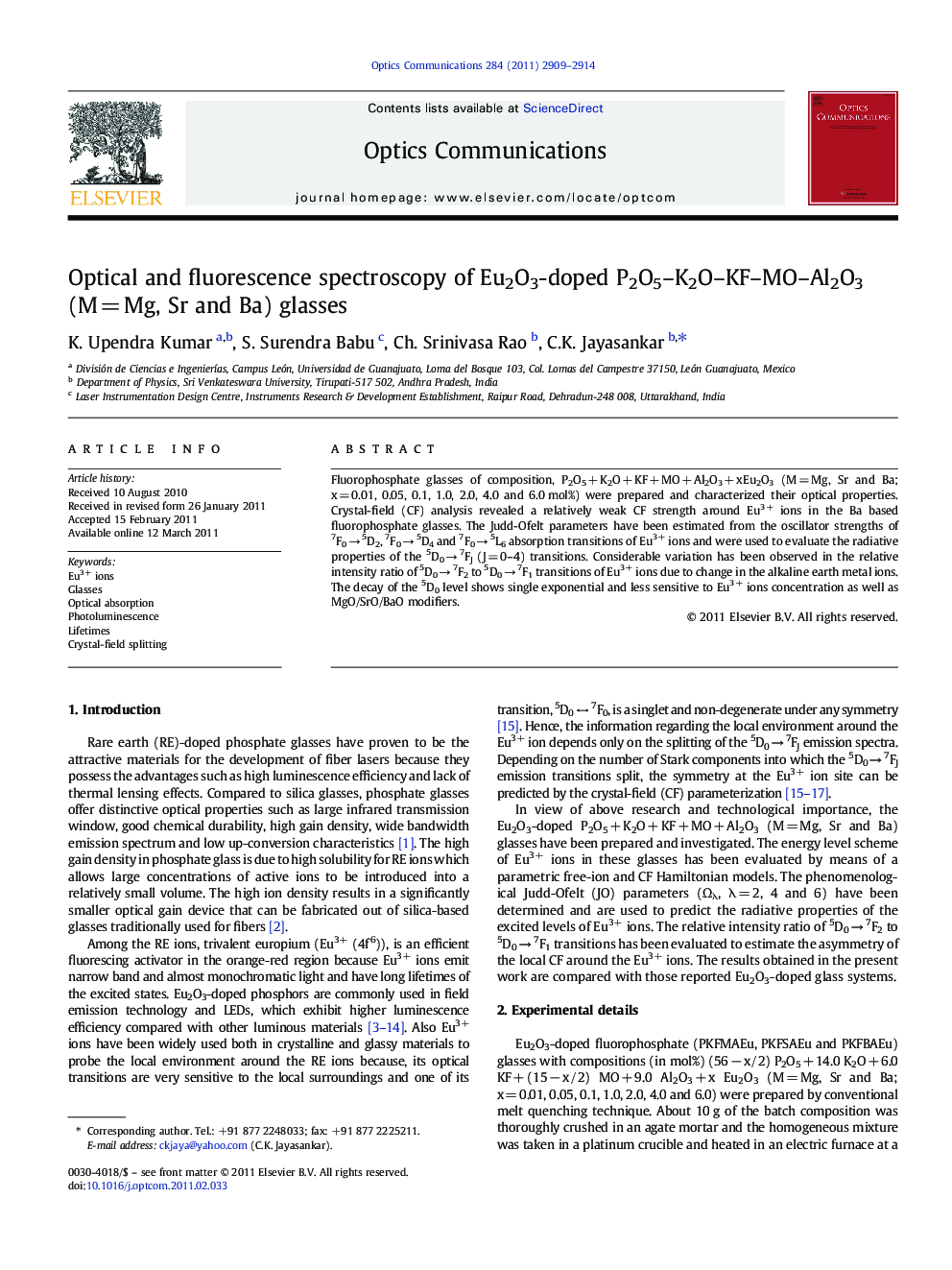 Optical and fluorescence spectroscopy of Eu2O3-doped P2O5–K2O–KF–MO–Al2O3 (M = Mg, Sr and Ba) glasses