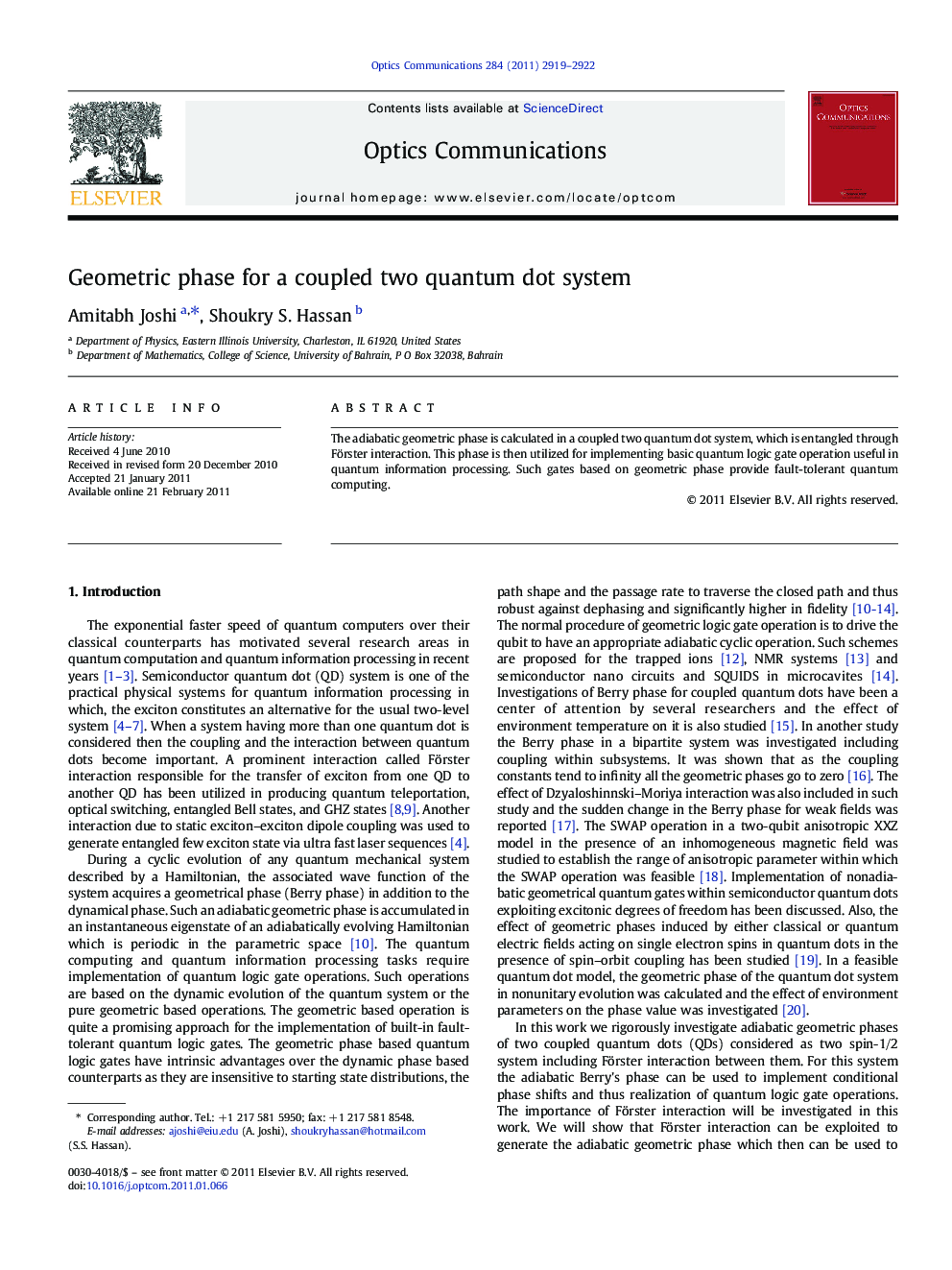Geometric phase for a coupled two quantum dot system