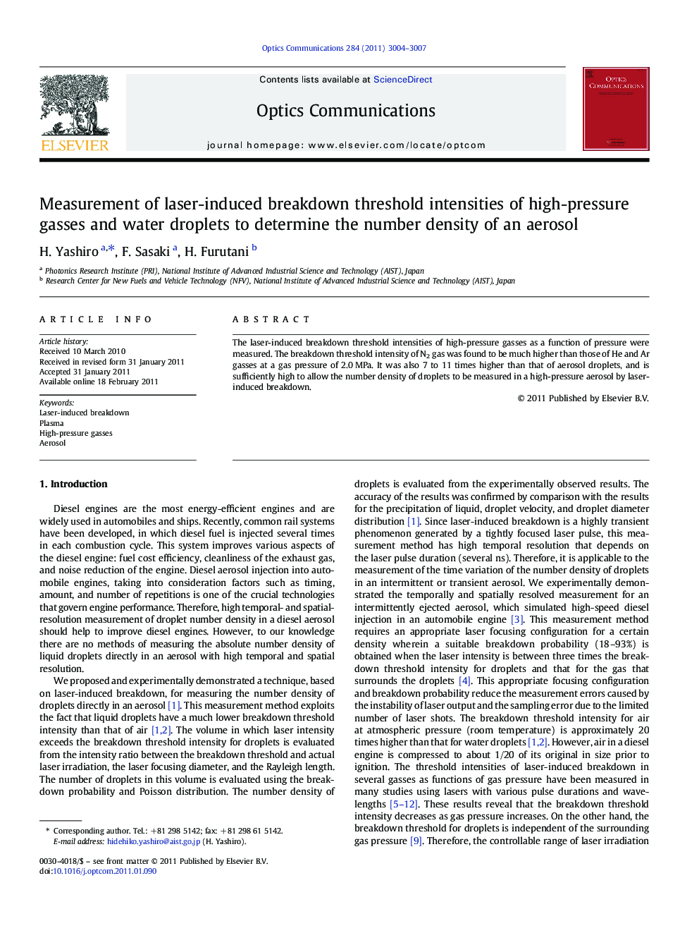 Measurement of laser-induced breakdown threshold intensities of high-pressure gasses and water droplets to determine the number density of an aerosol