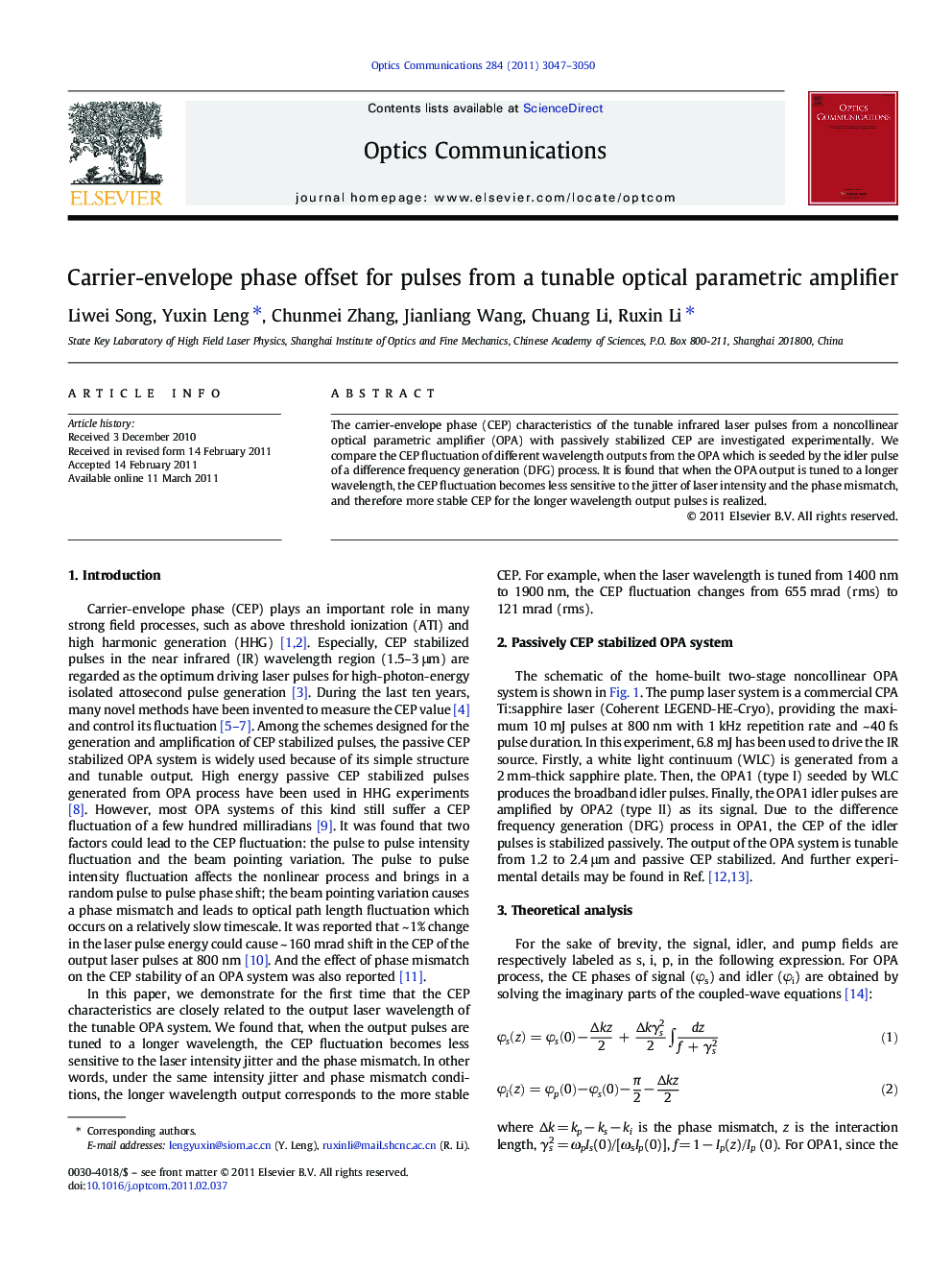 Carrier-envelope phase offset for pulses from a tunable optical parametric amplifier