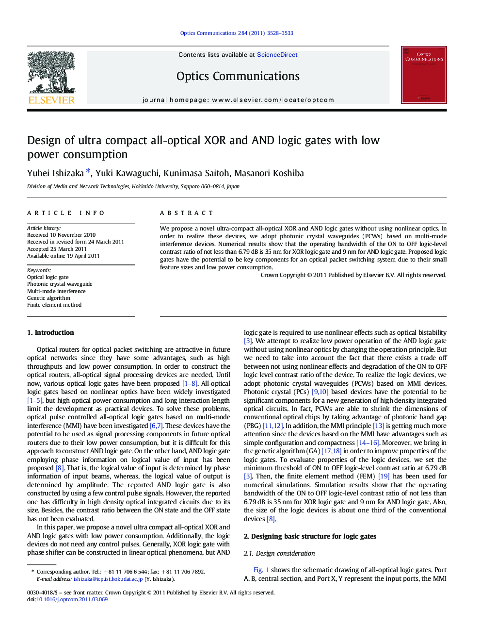 Design of ultra compact all-optical XOR and AND logic gates with low power consumption