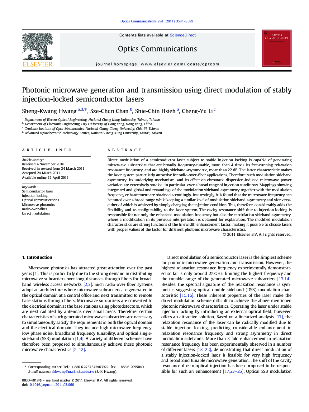 Photonic microwave generation and transmission using direct modulation of stably injection-locked semiconductor lasers