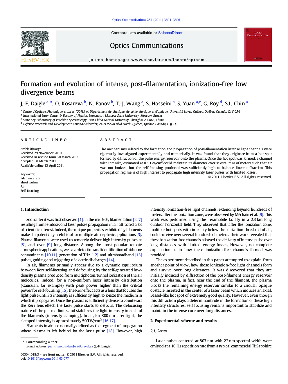 Formation and evolution of intense, post-filamentation, ionization-free low divergence beams