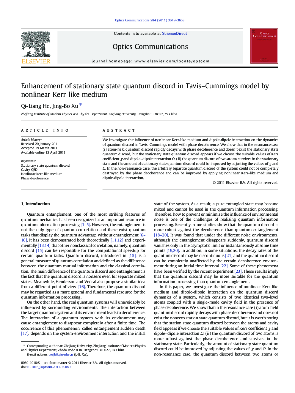 Enhancement of stationary state quantum discord in Tavis–Cummings model by nonlinear Kerr-like medium