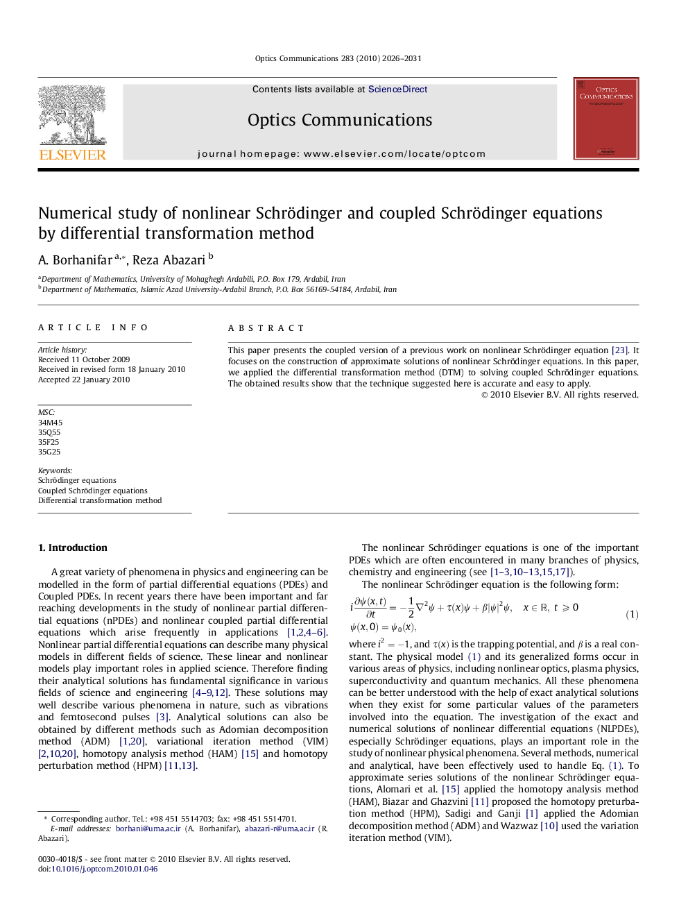 Numerical study of nonlinear Schrödinger and coupled Schrödinger equations by differential transformation method