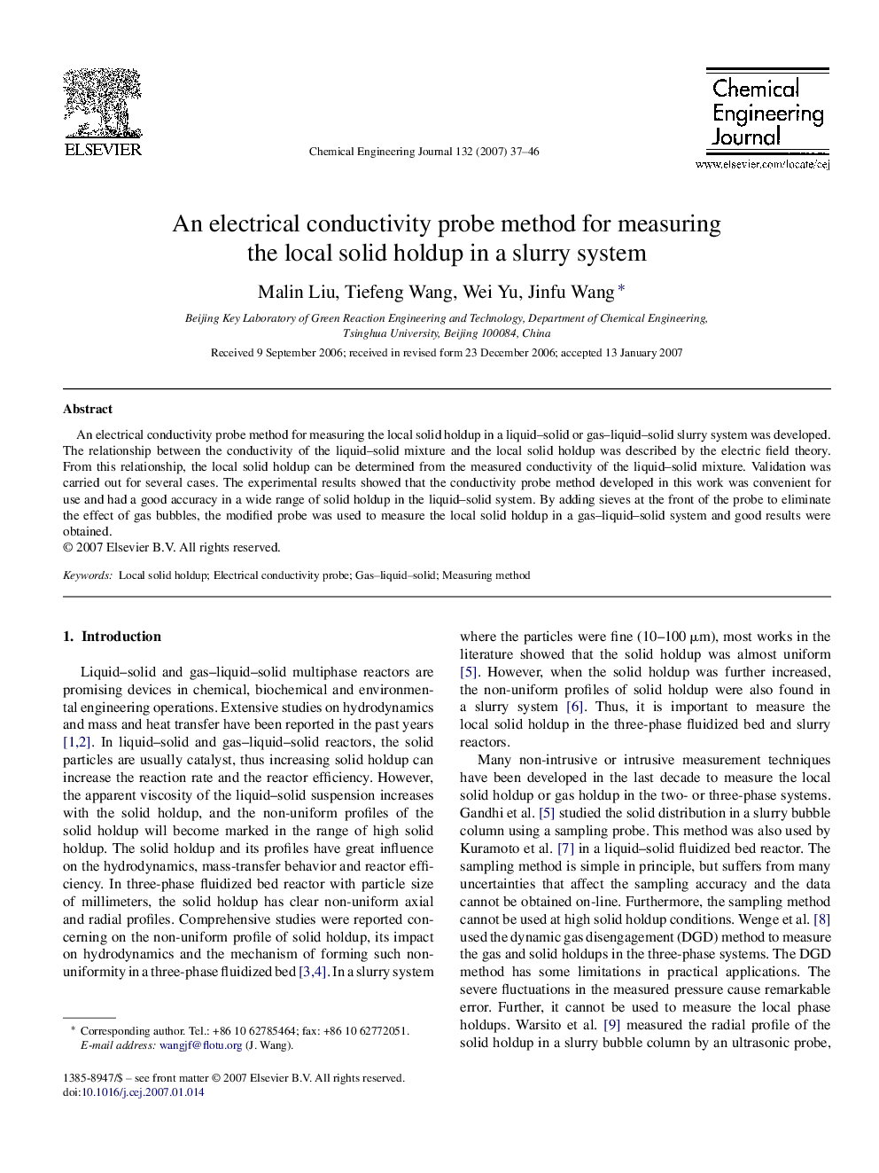 An electrical conductivity probe method for measuring the local solid holdup in a slurry system