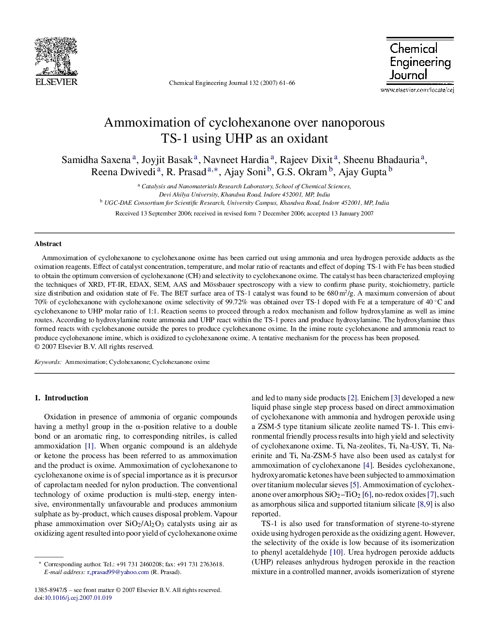 Ammoximation of cyclohexanone over nanoporous TS-1 using UHP as an oxidant
