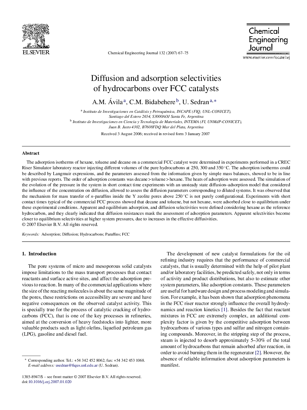 Diffusion and adsorption selectivities of hydrocarbons over FCC catalysts