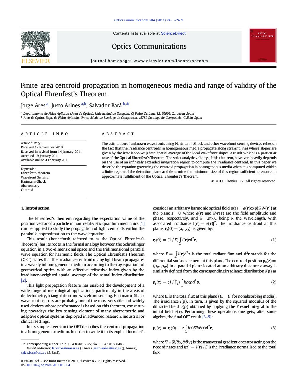 Finite-area centroid propagation in homogeneous media and range of validity of the Optical Ehrenfest's Theorem