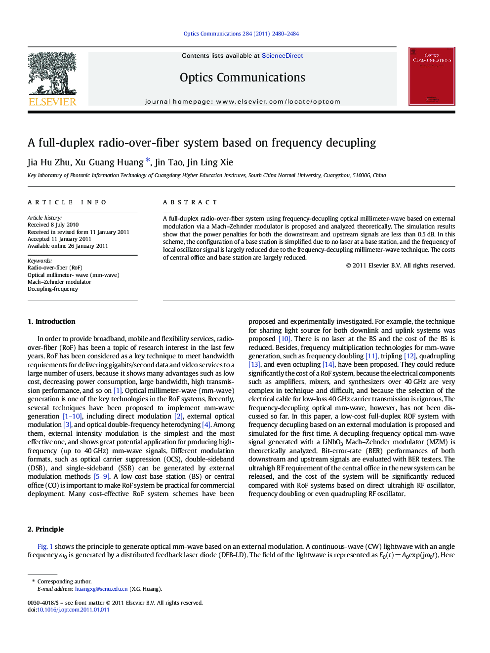 A full-duplex radio-over-fiber system based on frequency decupling