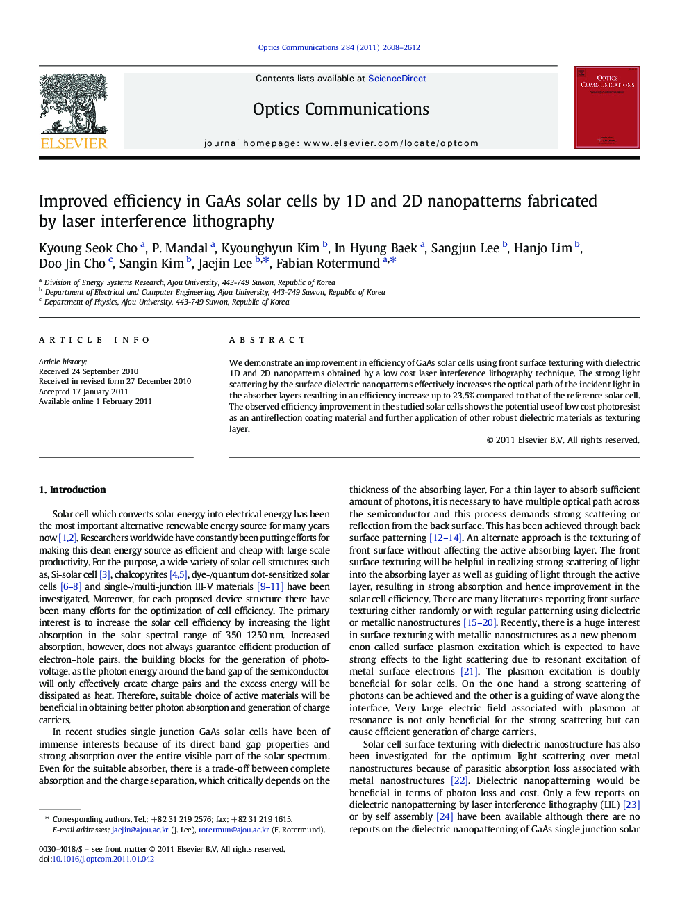 Improved efficiency in GaAs solar cells by 1D and 2D nanopatterns fabricated by laser interference lithography