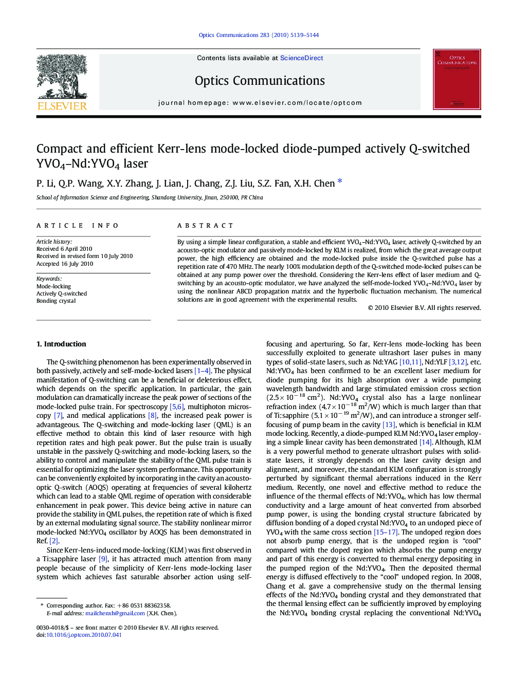 Compact and efficient Kerr-lens mode-locked diode-pumped actively Q-switched YVO4–Nd:YVO4 laser