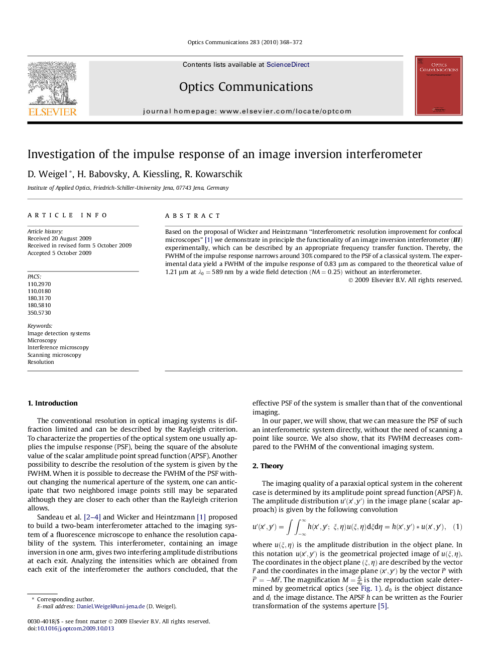 Investigation of the impulse response of an image inversion interferometer