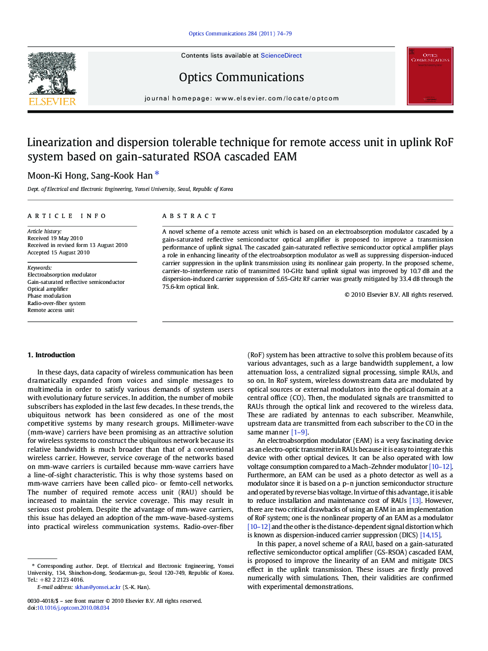 Linearization and dispersion tolerable technique for remote access unit in uplink RoF system based on gain-saturated RSOA cascaded EAM