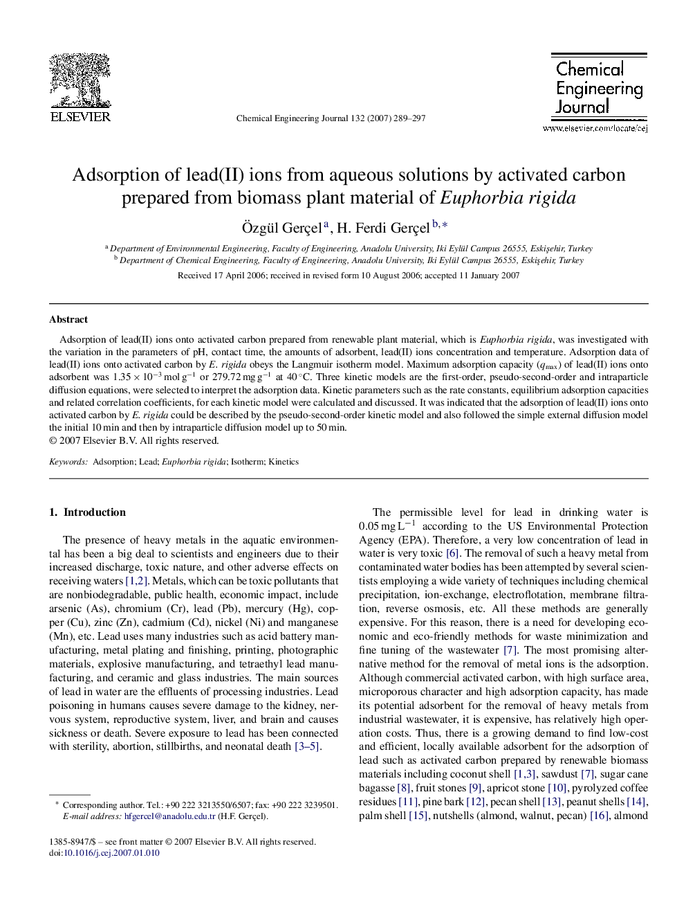 Adsorption of lead(II) ions from aqueous solutions by activated carbon prepared from biomass plant material of Euphorbia rigida