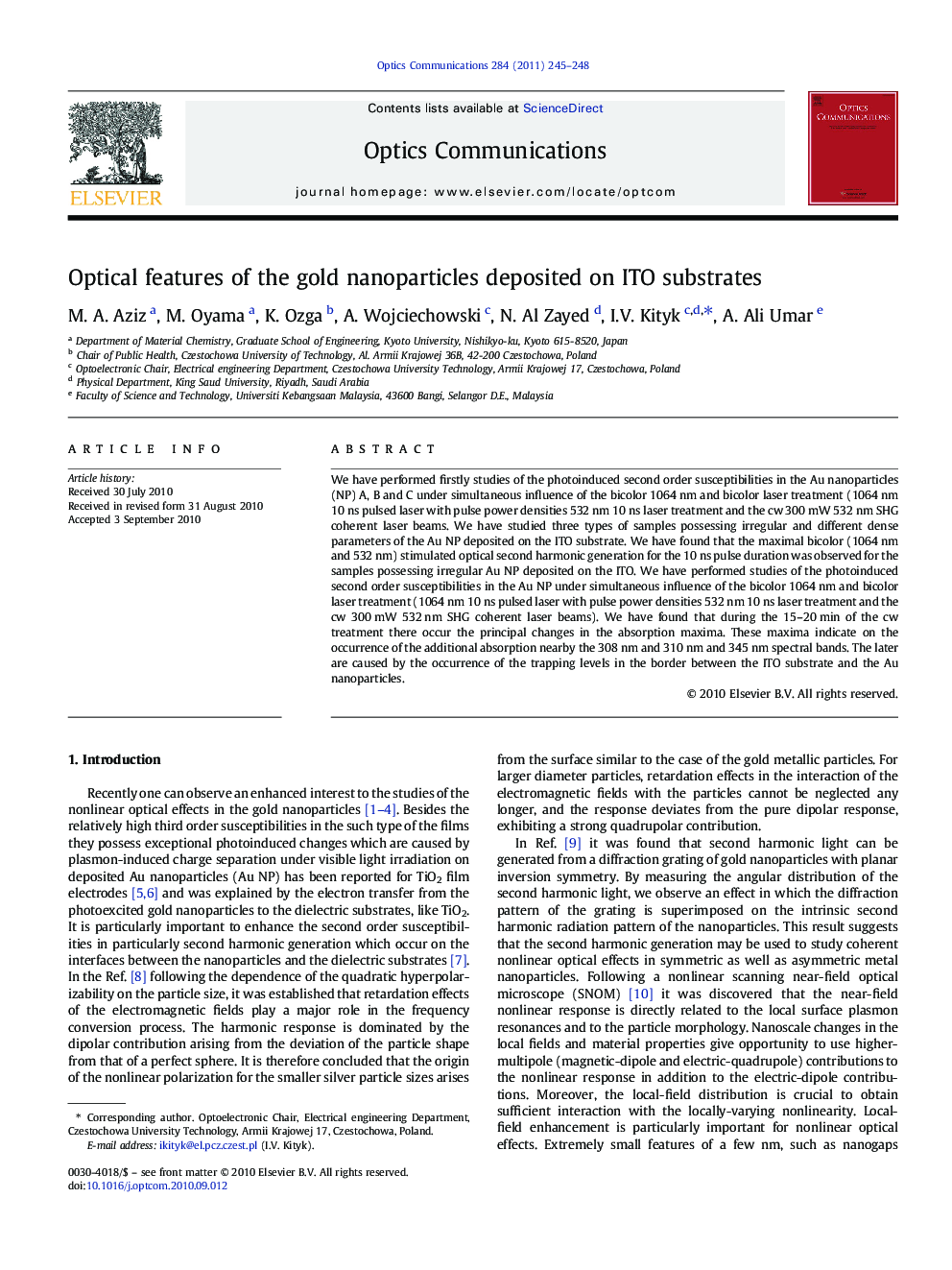 Optical features of the gold nanoparticles deposited on ITO substrates