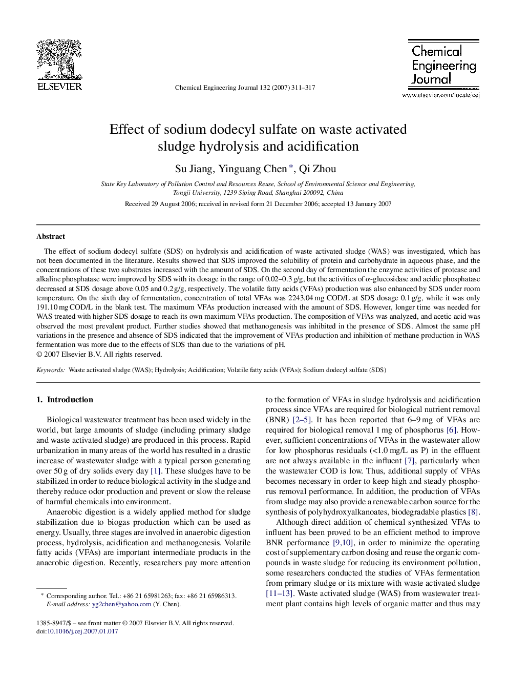 Effect of sodium dodecyl sulfate on waste activated sludge hydrolysis and acidification