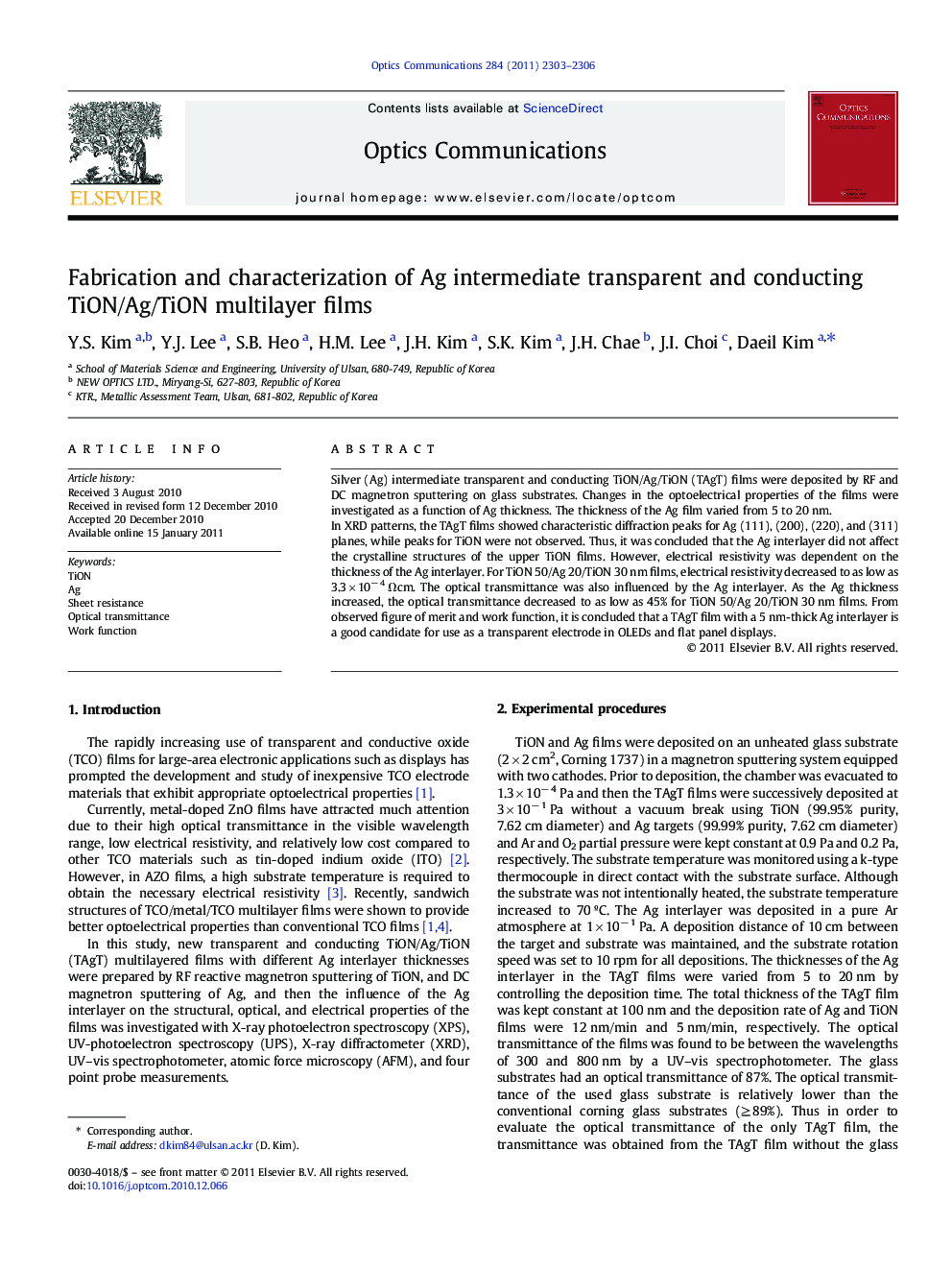 Fabrication and characterization of Ag intermediate transparent and conducting TiON/Ag/TiON multilayer films