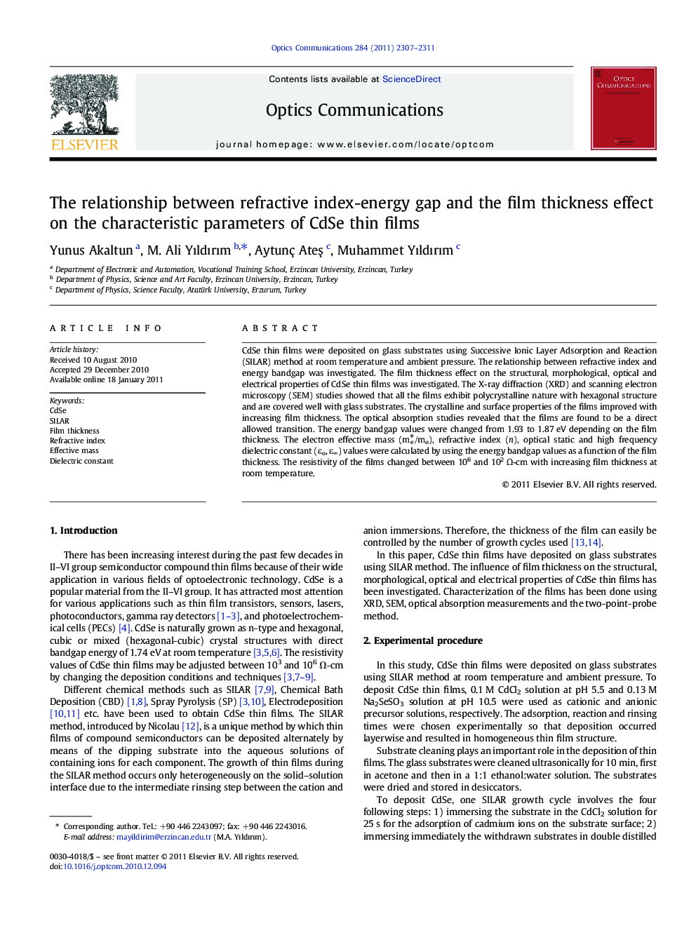 The relationship between refractive index-energy gap and the film thickness effect on the characteristic parameters of CdSe thin films