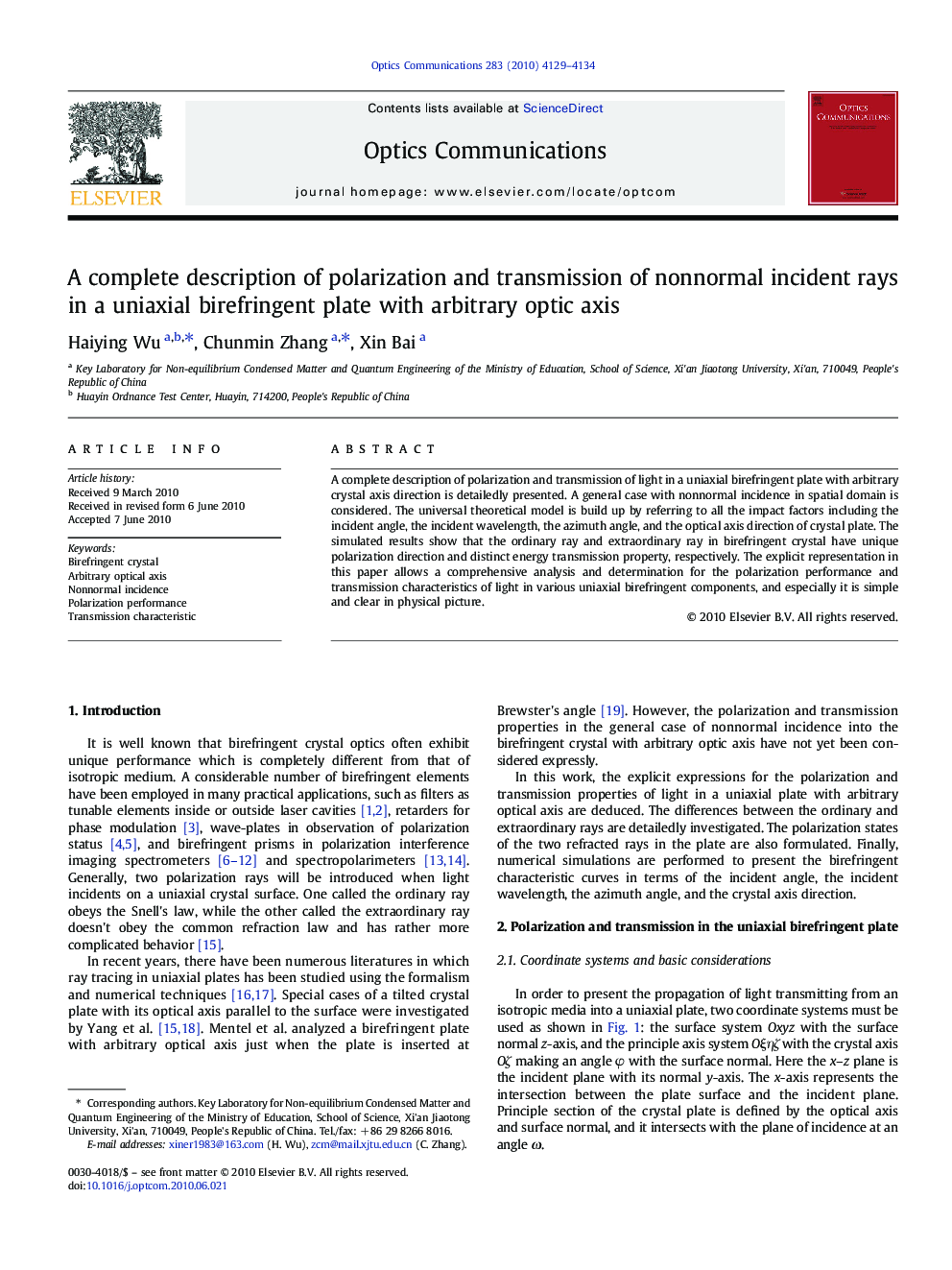 A complete description of polarization and transmission of nonnormal incident rays in a uniaxial birefringent plate with arbitrary optic axis