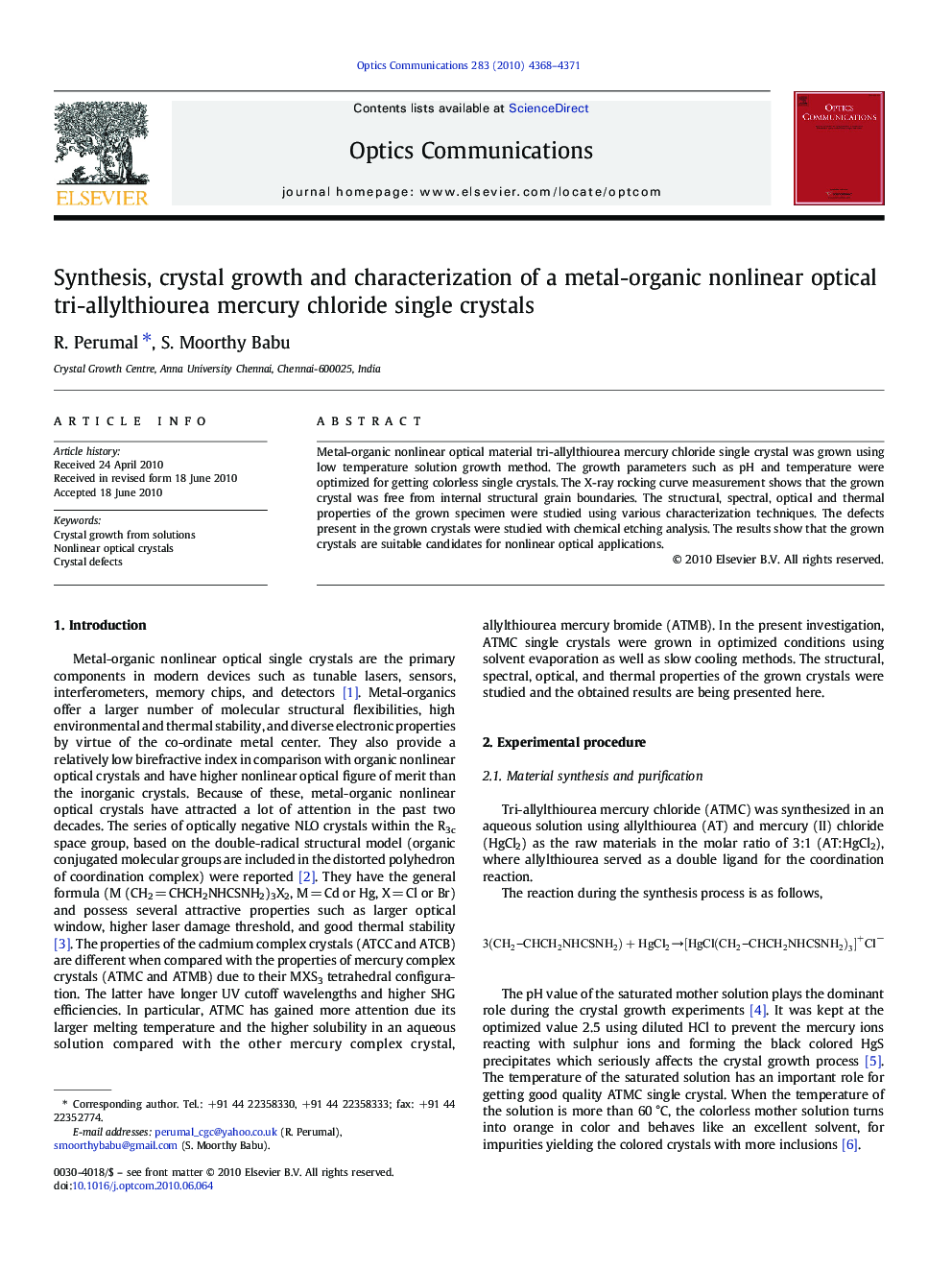 Synthesis, crystal growth and characterization of a metal-organic nonlinear optical tri-allylthiourea mercury chloride single crystals