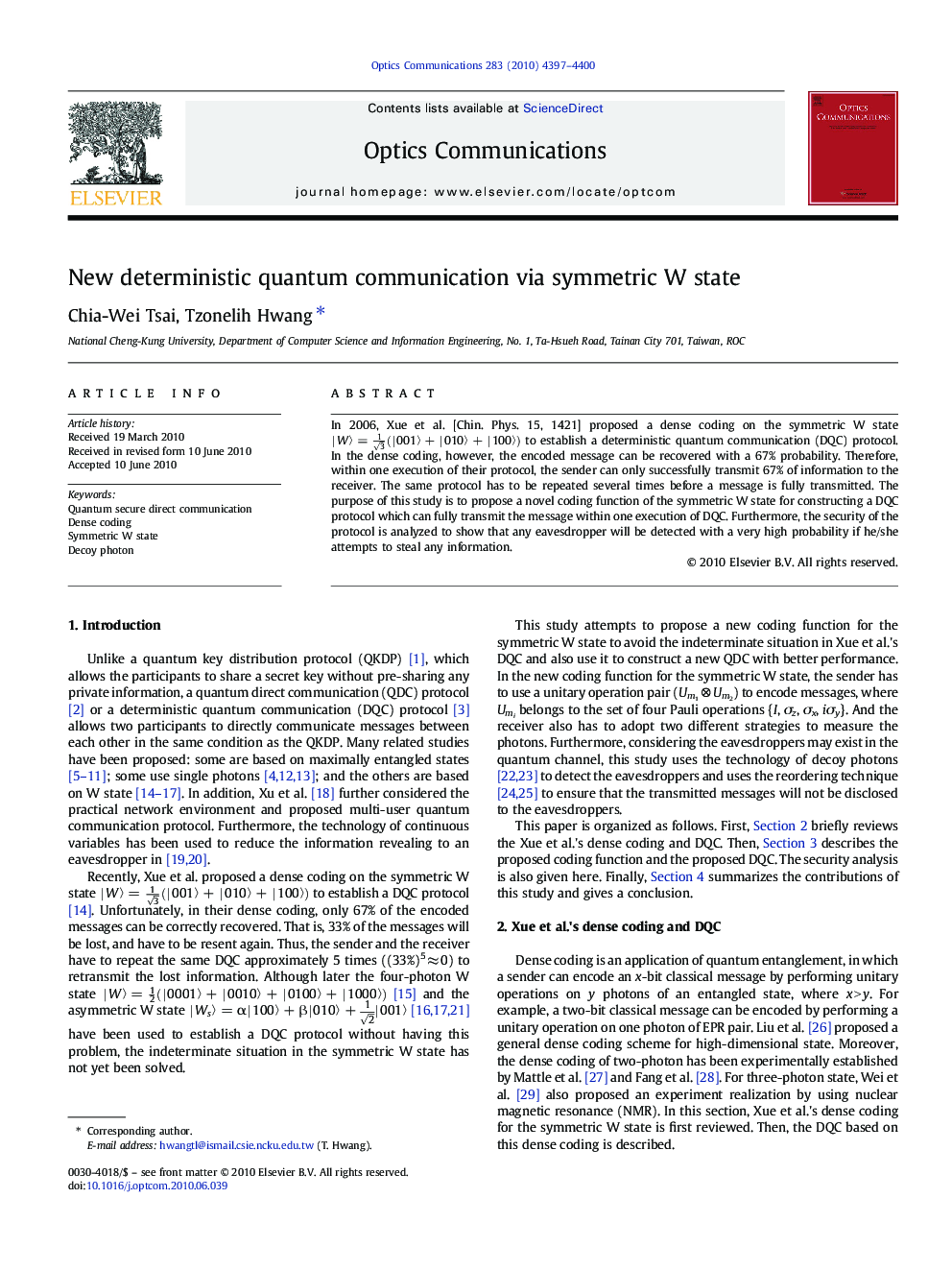 New deterministic quantum communication via symmetric W state