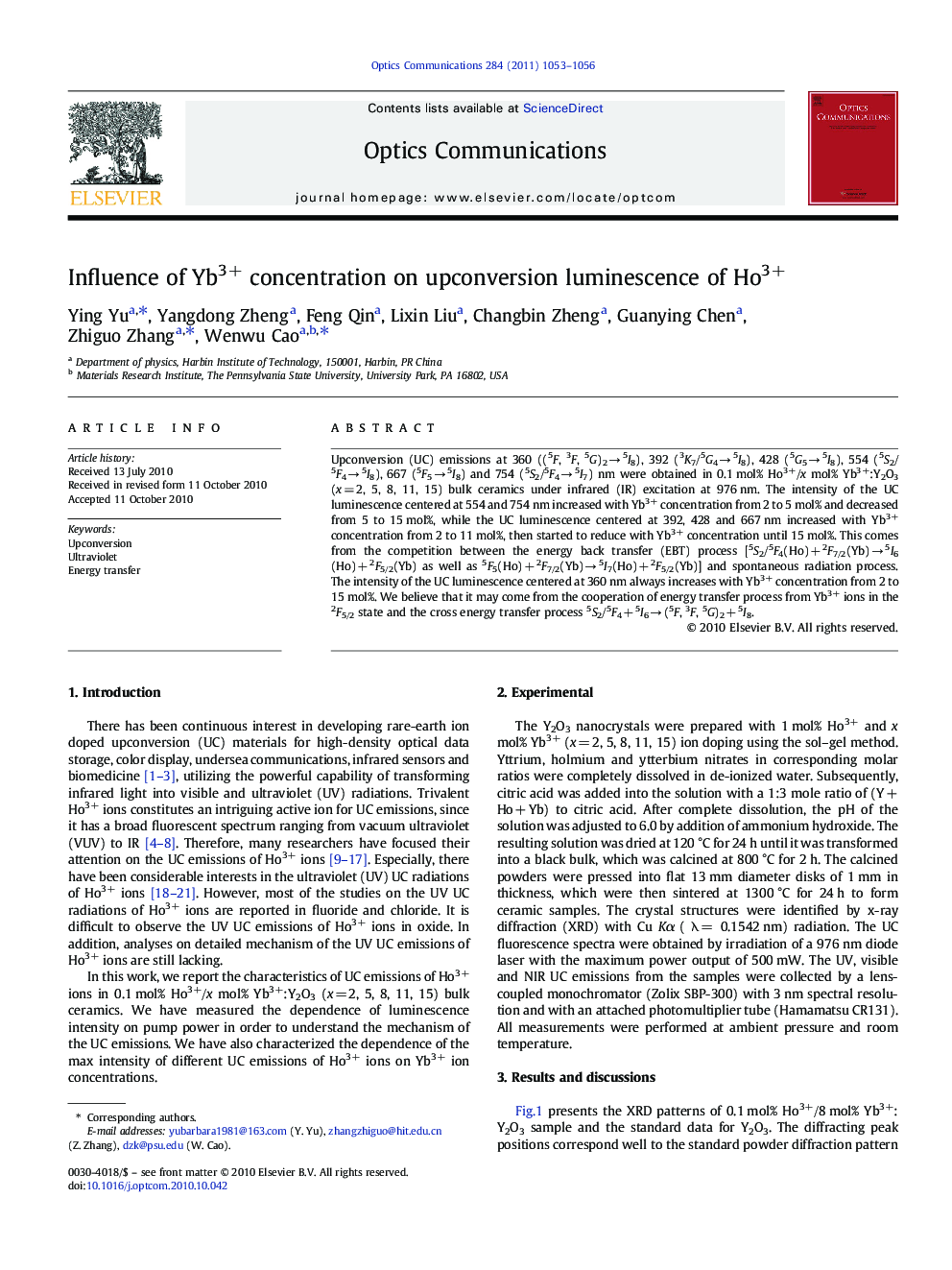 Influence of Yb3+ concentration on upconversion luminescence of Ho3+