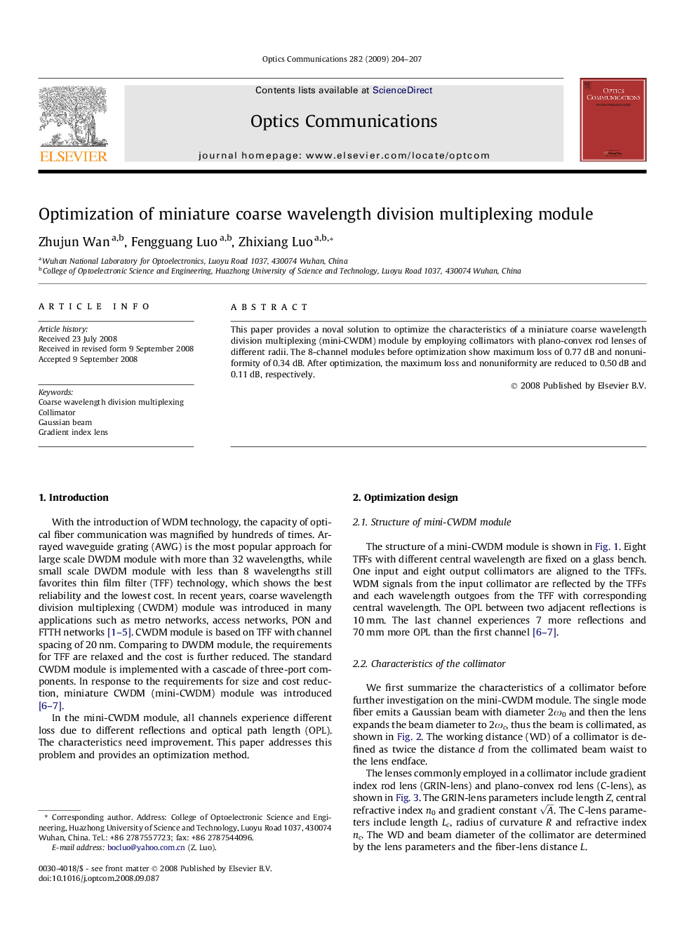 Optimization of miniature coarse wavelength division multiplexing module