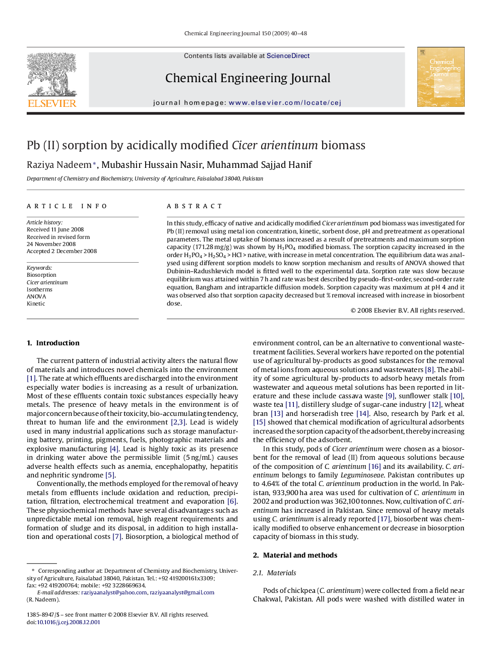 Pb (II) sorption by acidically modified Cicer arientinum biomass