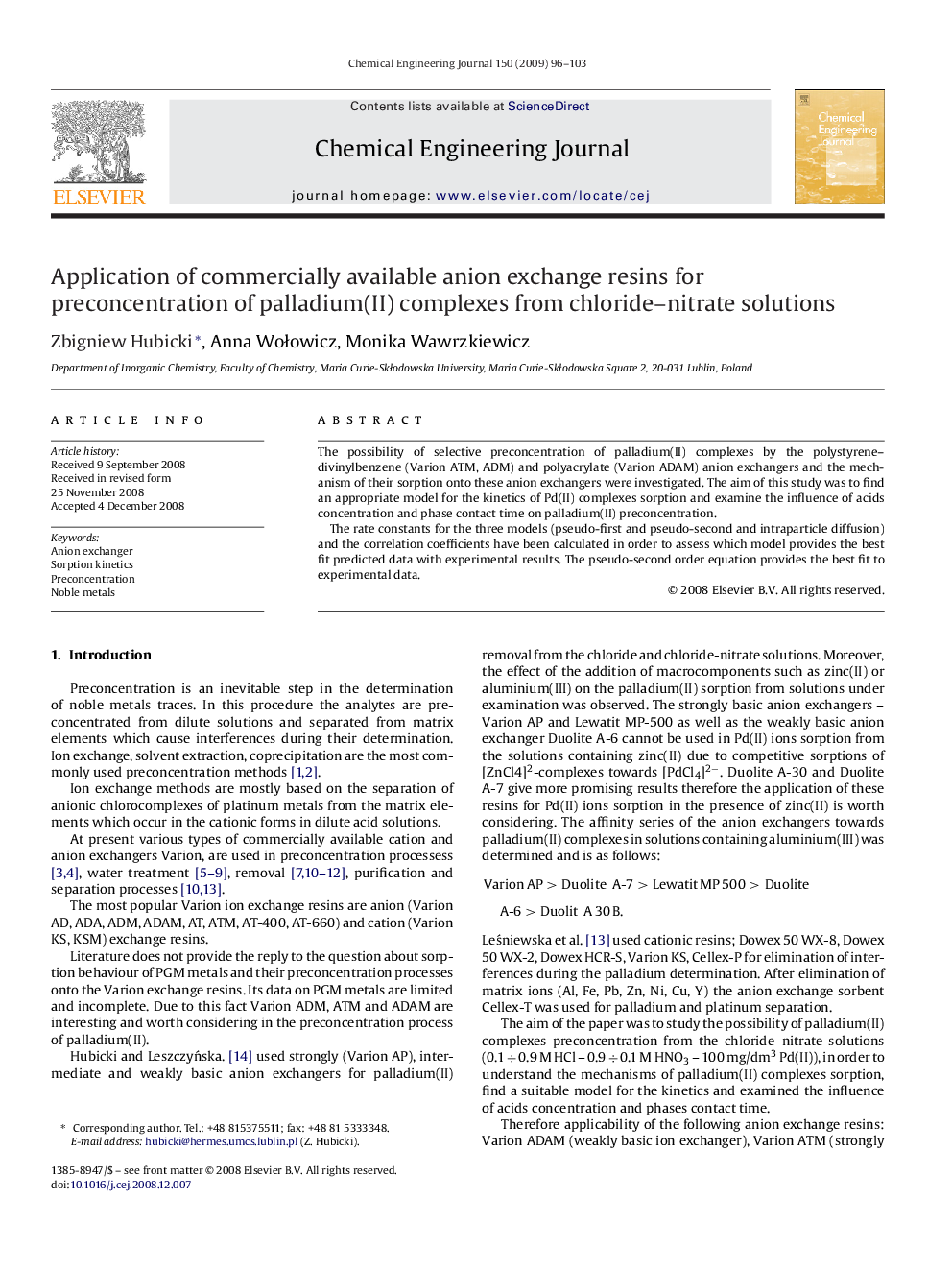 Application of commercially available anion exchange resins for preconcentration of palladium(II) complexes from chloride–nitrate solutions