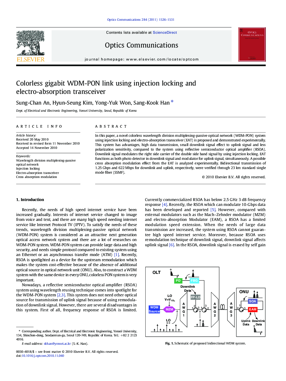 Colorless gigabit WDM-PON link using injection locking and electro-absorption transceiver