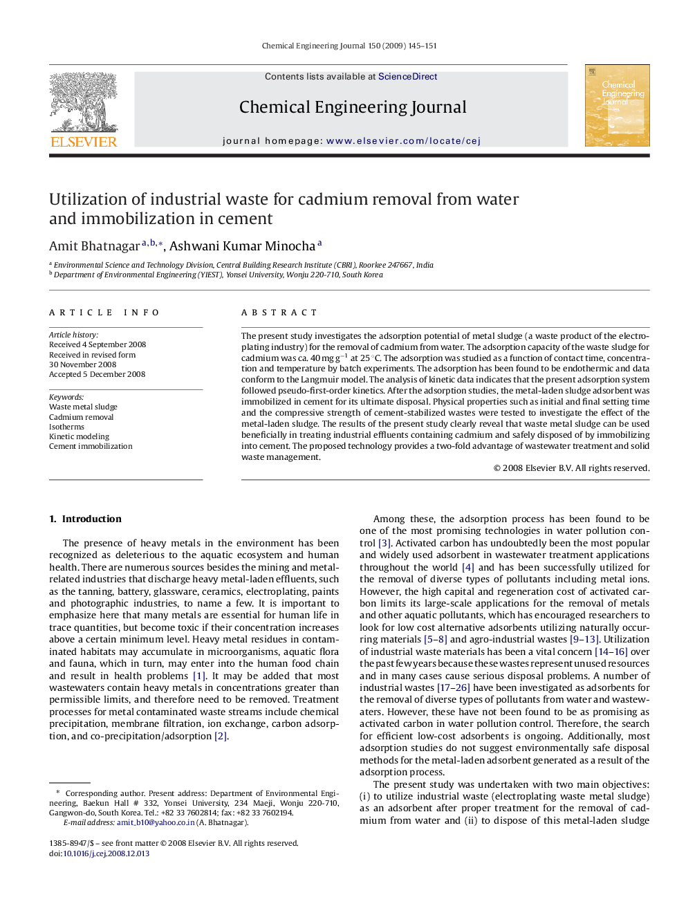 عکس صفحه اول مقاله: Utilization of industrial waste for cadmium removal from water and immobilization in cement Utilization of industrial waste for cadmium removal from water and immobilization in cement