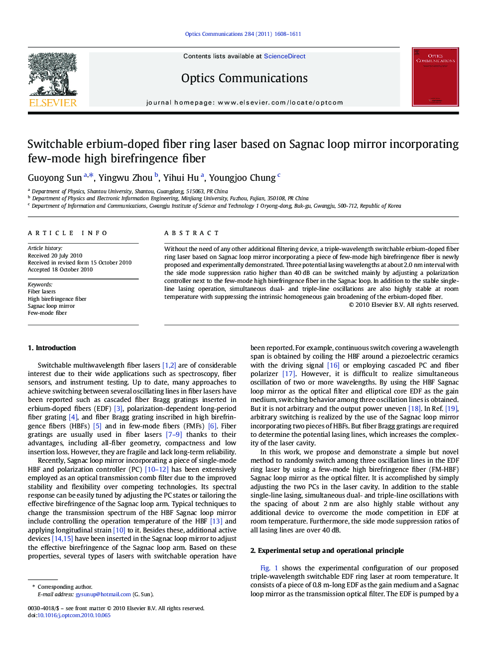 Switchable erbium-doped fiber ring laser based on Sagnac loop mirror incorporating few-mode high birefringence fiber