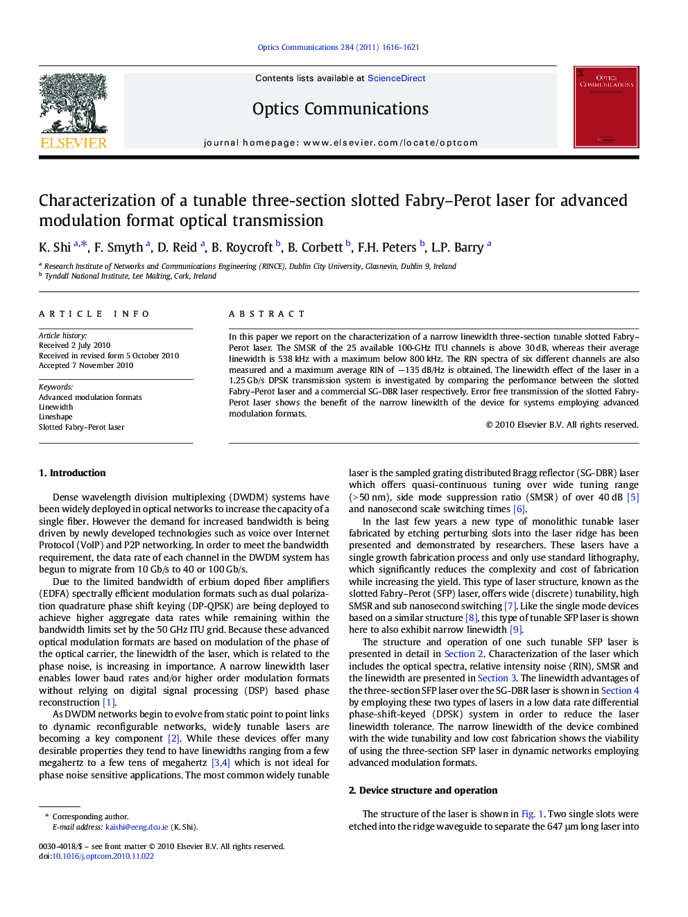 Characterization of a tunable three-section slotted Fabry–Perot laser for advanced modulation format optical transmission