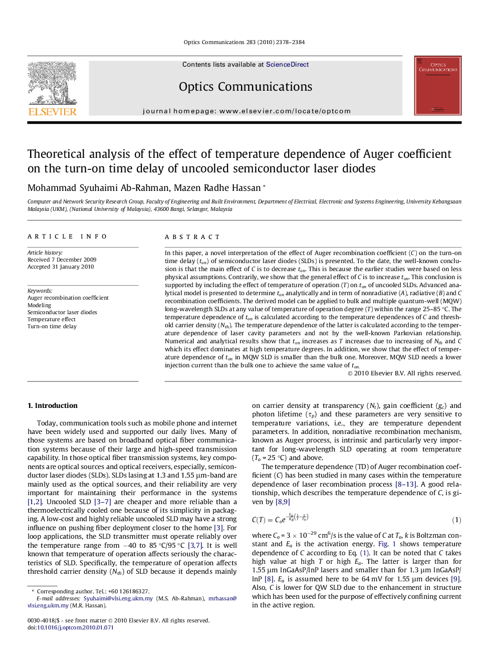 Theoretical analysis of the effect of temperature dependence of Auger coefficient on the turn-on time delay of uncooled semiconductor laser diodes