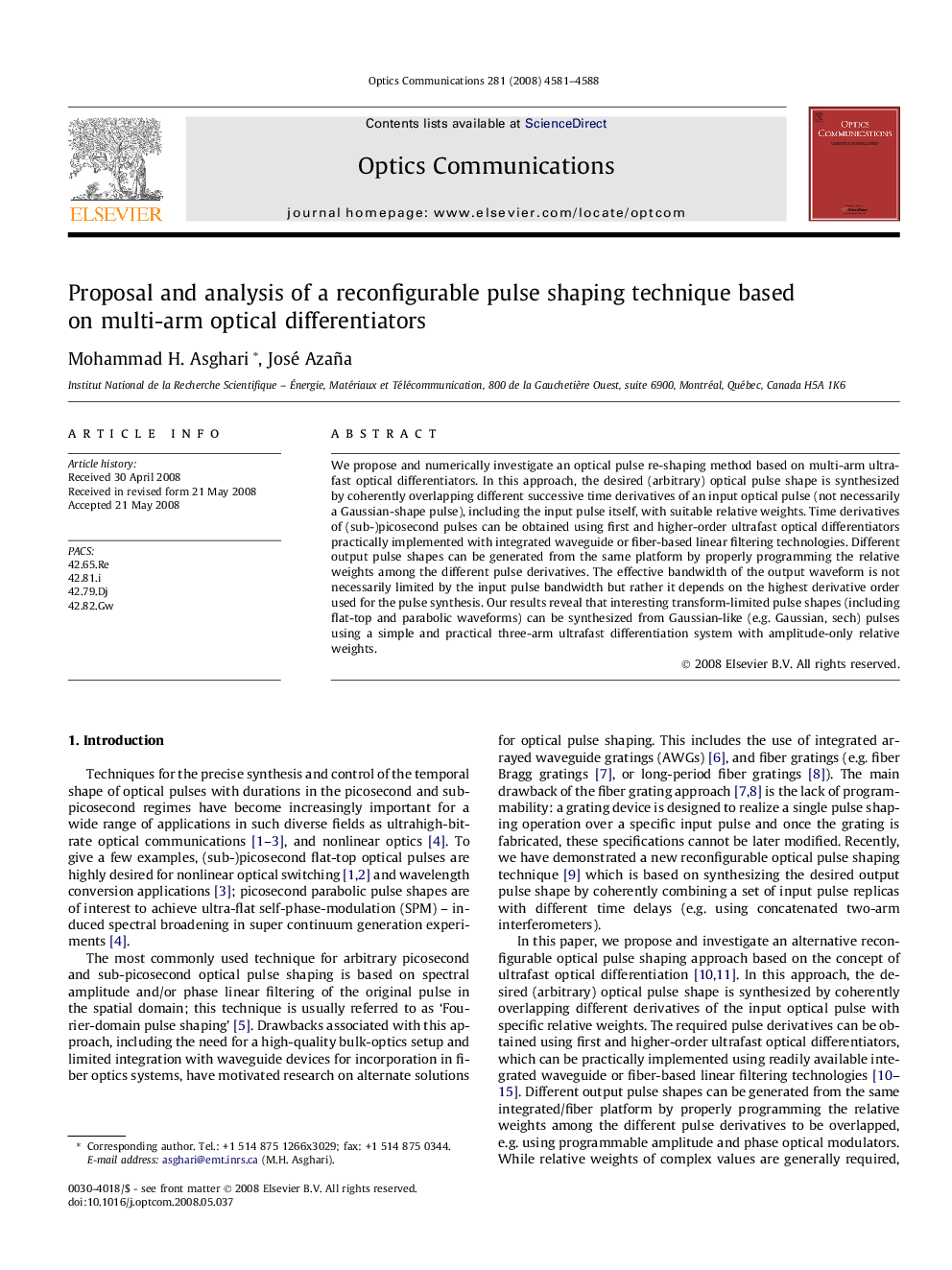 عکس صفحه اول مقاله: Proposal and analysis of a reconfigurable pulse shaping technique based on multi-arm optical differentiators Proposal and analysis of a reconfigurable pulse shaping technique based on multi-arm optical differentiators