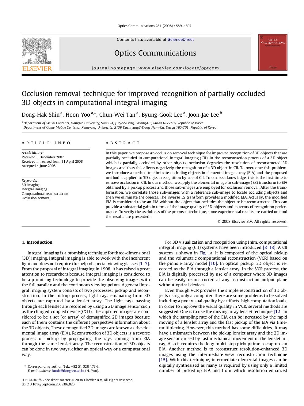 Occlusion removal technique for improved recognition of partially occluded 3D objects in computational integral imaging