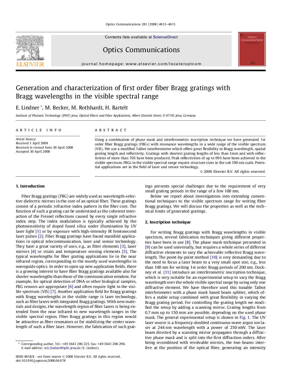 عکس صفحه اول مقاله: Generation and characterization of first order fiber Bragg gratings with Bragg wavelengths in the visible spectral range Generation and characterization of first order fiber Bragg gratings with Bragg wavelengths in the visible spectral range