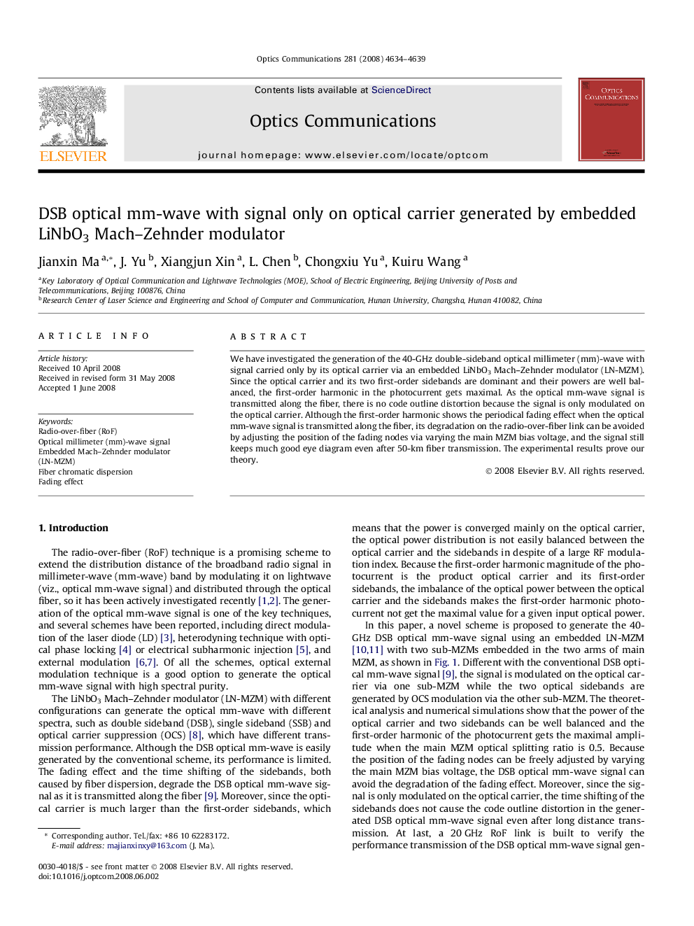 DSB optical mm-wave with signal only on optical carrier generated by embedded LiNbO3 Mach-Zehnder modulator